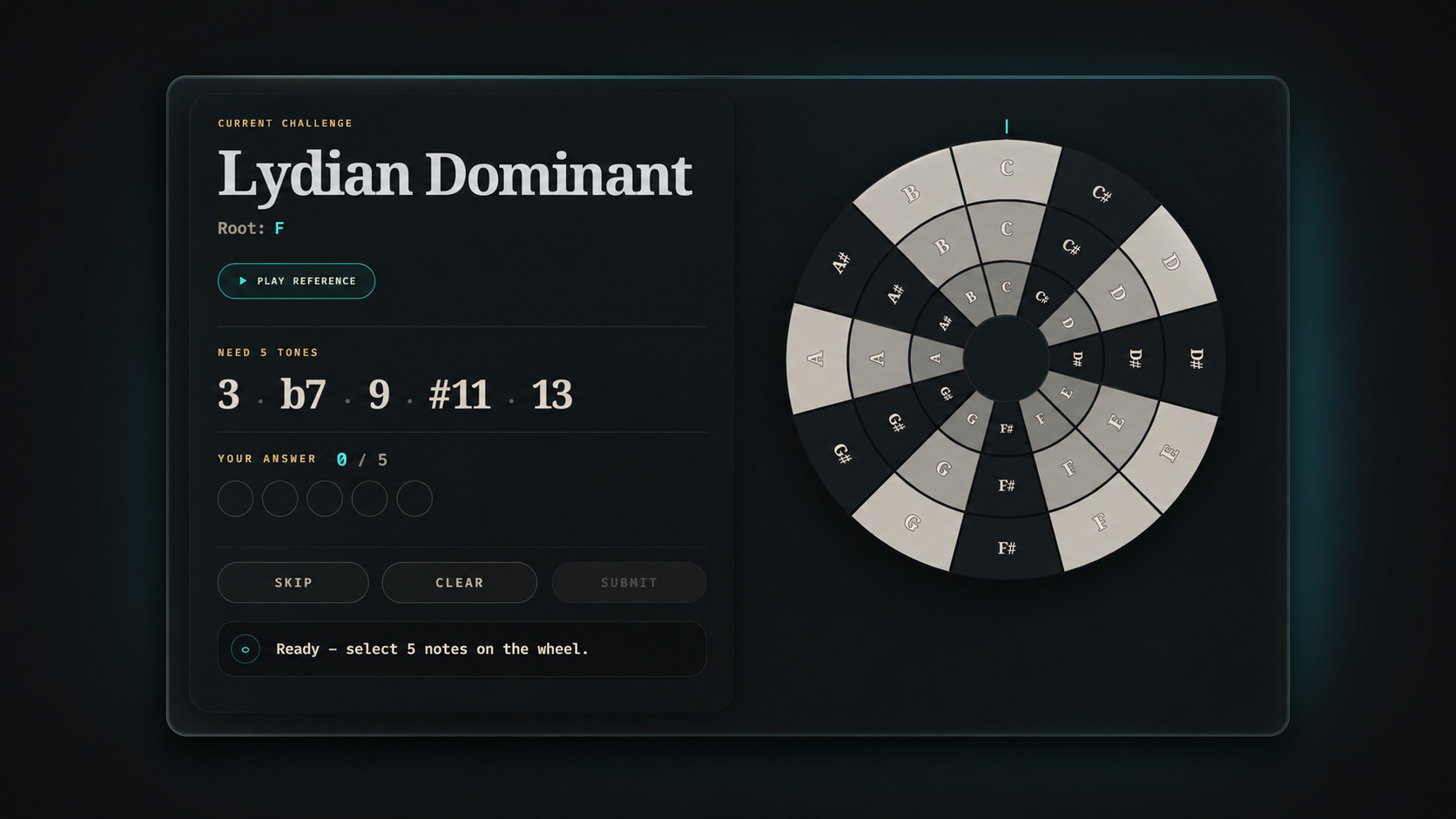 Modern Harmony Trainer interface showing active note input and real-time practice feedback